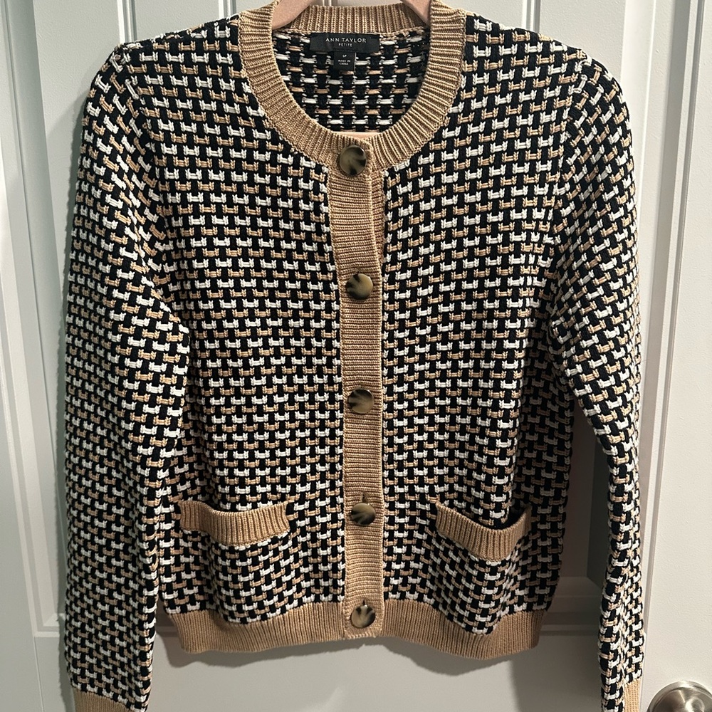 Ann Taylor Black and Tan Checkered Cardigan